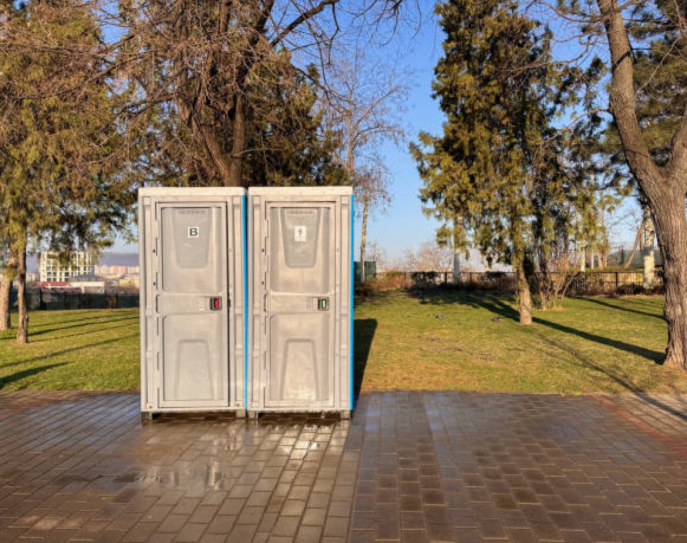 Clean portable restroom setup in Huntersville, NC by Nomad Rentals